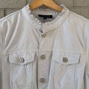 Talbots Feminine Ruffle Collar Jean Jacket, Large, Light Blue & White Striped